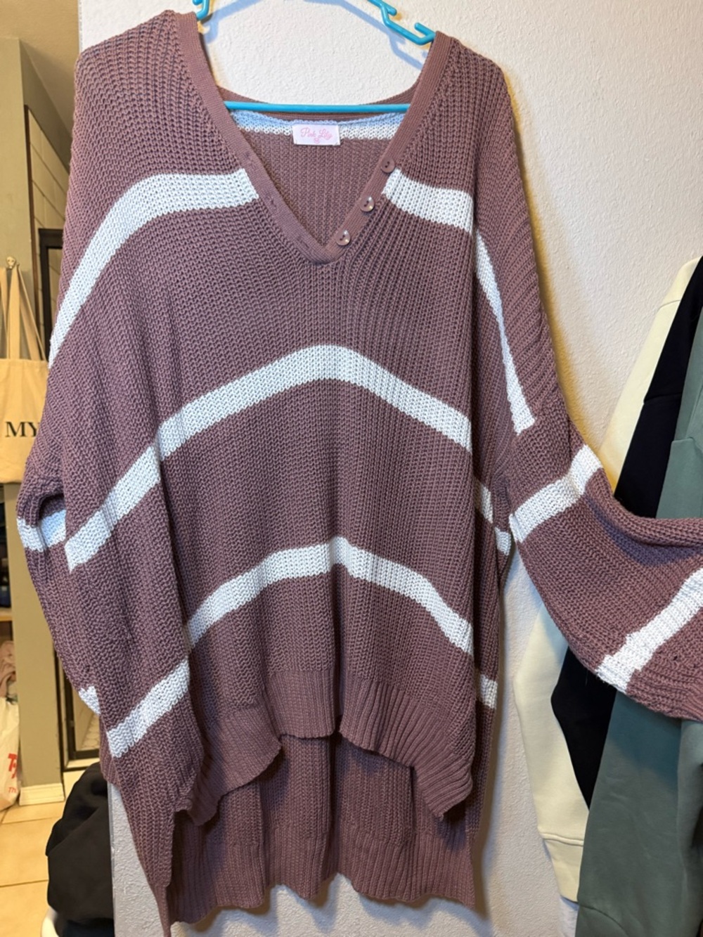 Pink Lily Mauve & White Striped V-Neck Oversized Sweater